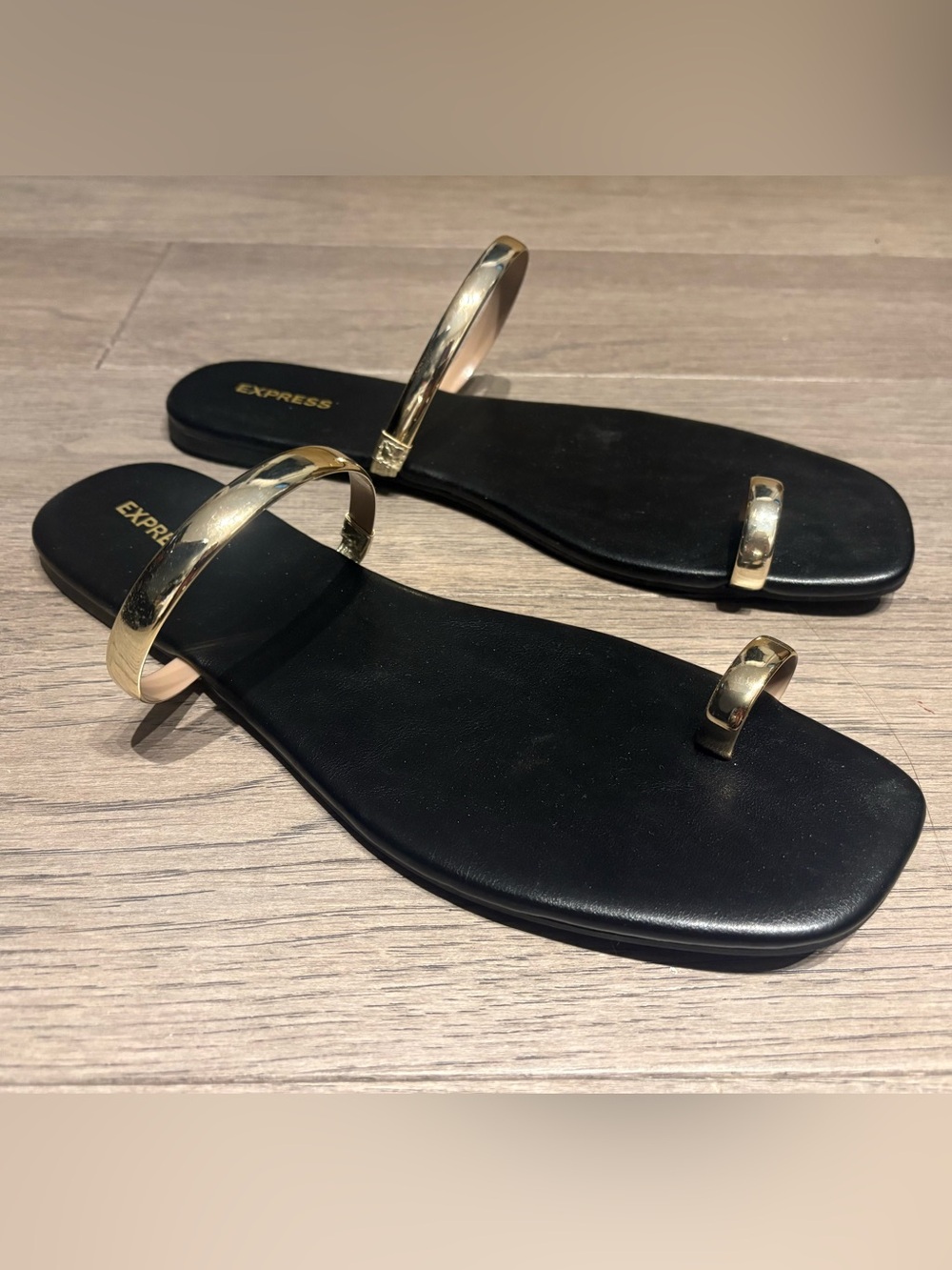 Express Women's Black Sandals with Gold Accent Straps